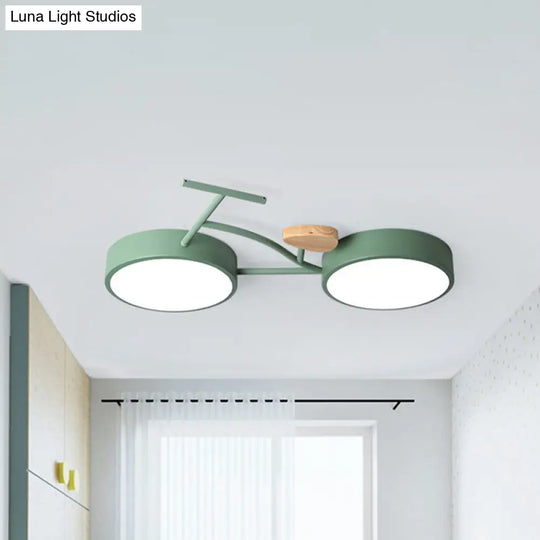 Kids Cartoon Bicycle Led Ceiling Lamp - Grey/White/Green Warm/White Light Semi Flush Mount For