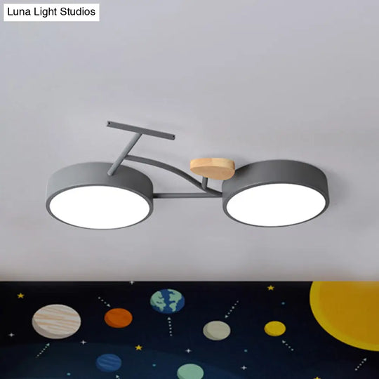 Kids Cartoon Bicycle Led Ceiling Lamp - Grey/White/Green Warm/White Light Semi Flush Mount For