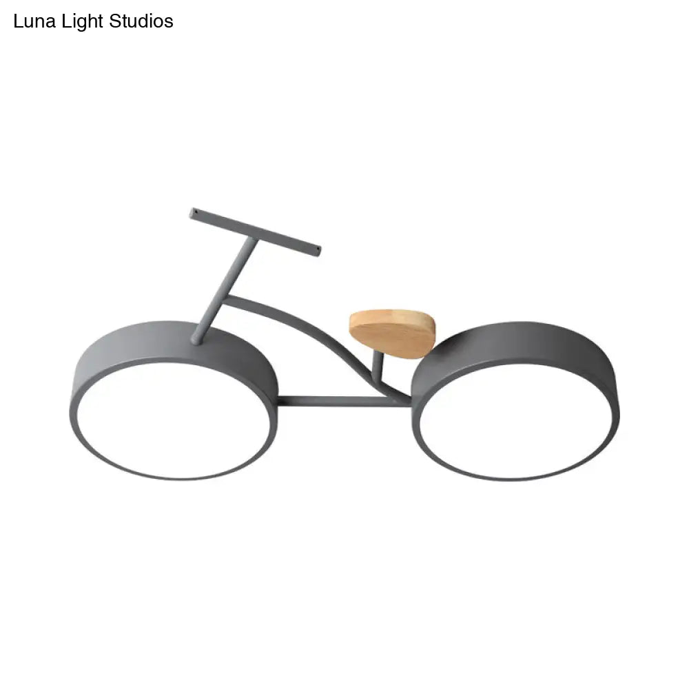 Kids Cartoon Bicycle Led Ceiling Lamp - Grey/White/Green Warm/White Light Semi Flush Mount For