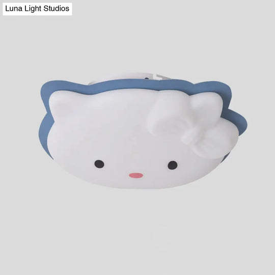 Kids Cartoon Cat Led Flush Mount Light Fixture For Pink/Blue Bedroom Décor
