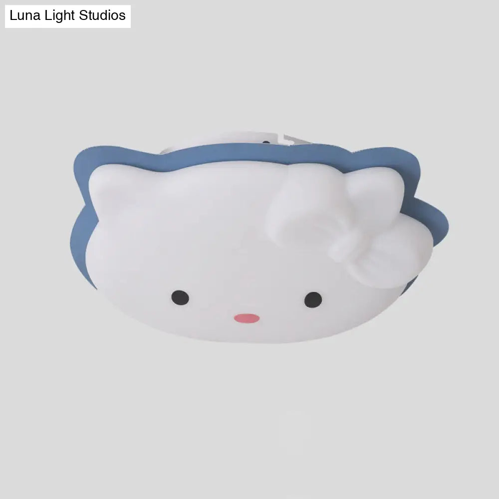 Kids’ Cartoon Cat Led Flush Mount Light Fixture For Pink/Blue Bedroom Décor