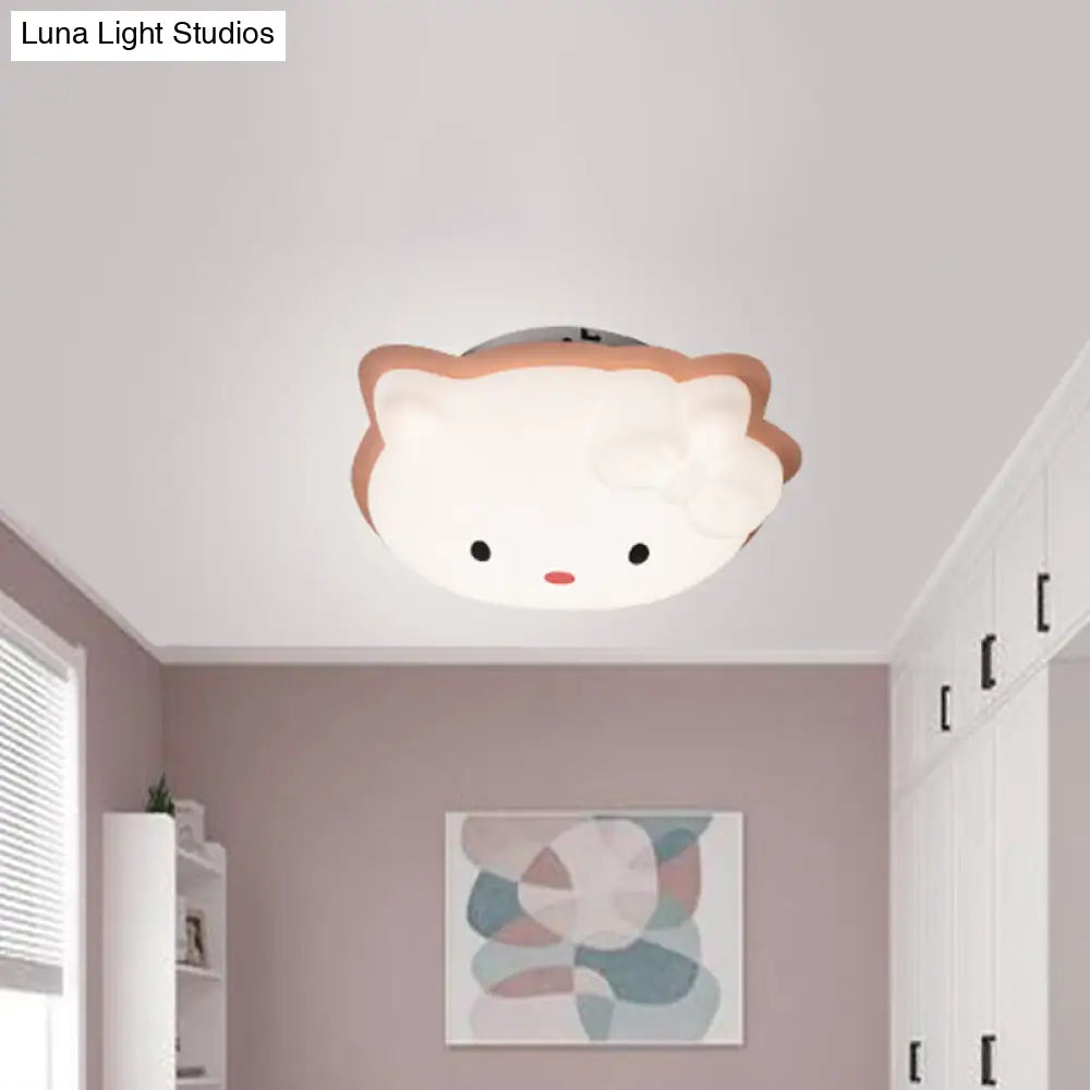 Kids’ Cartoon Cat Led Flush Mount Light Fixture For Pink/Blue Bedroom Décor