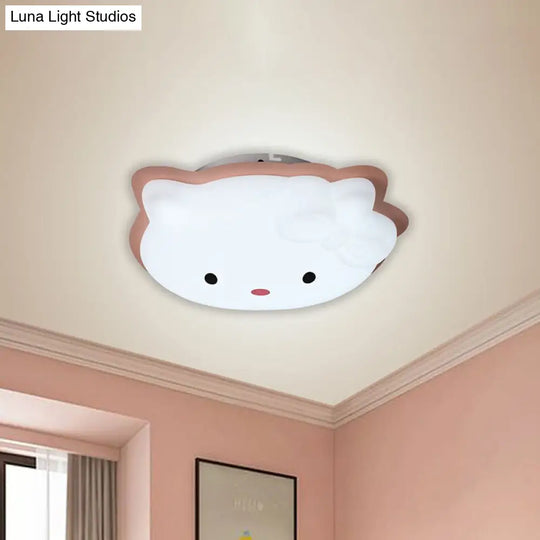 Kids Cartoon Cat Led Flush Mount Light Fixture For Pink/Blue Bedroom Décor Pink