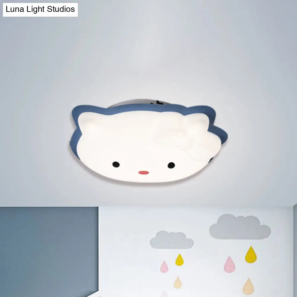Kids Cartoon Cat Led Flush Mount Light Fixture For Pink/Blue Bedroom Décor Blue