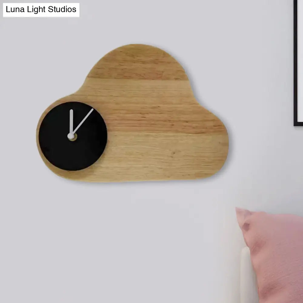 Kids Cartoon Cloud Led Wood Flush Mount Wall Sconce Light With Clock - Black/White Warm/White