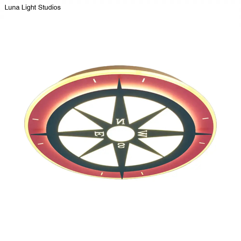 Kids Cartoon Compass Led Flush Mount Light: Red Acrylic Ceiling Lamp For Nurseries