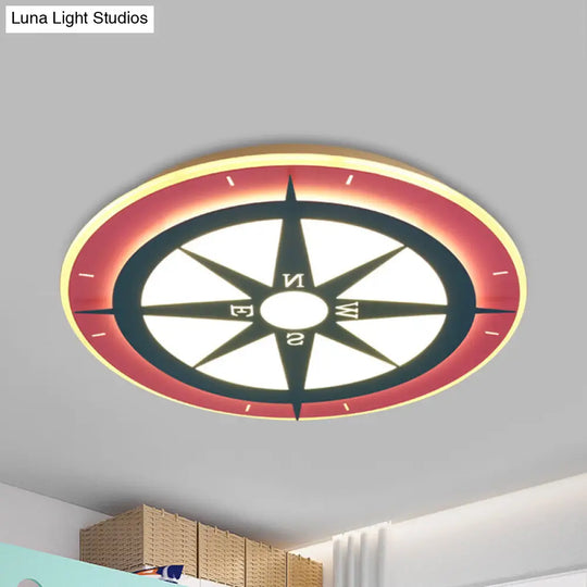 Kids Cartoon Compass Led Flush Mount Light: Red Acrylic Ceiling Lamp For Nurseries / Warm