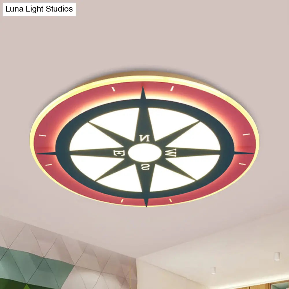 Kids Cartoon Compass Led Flush Mount Light: Red Acrylic Ceiling Lamp For Nurseries