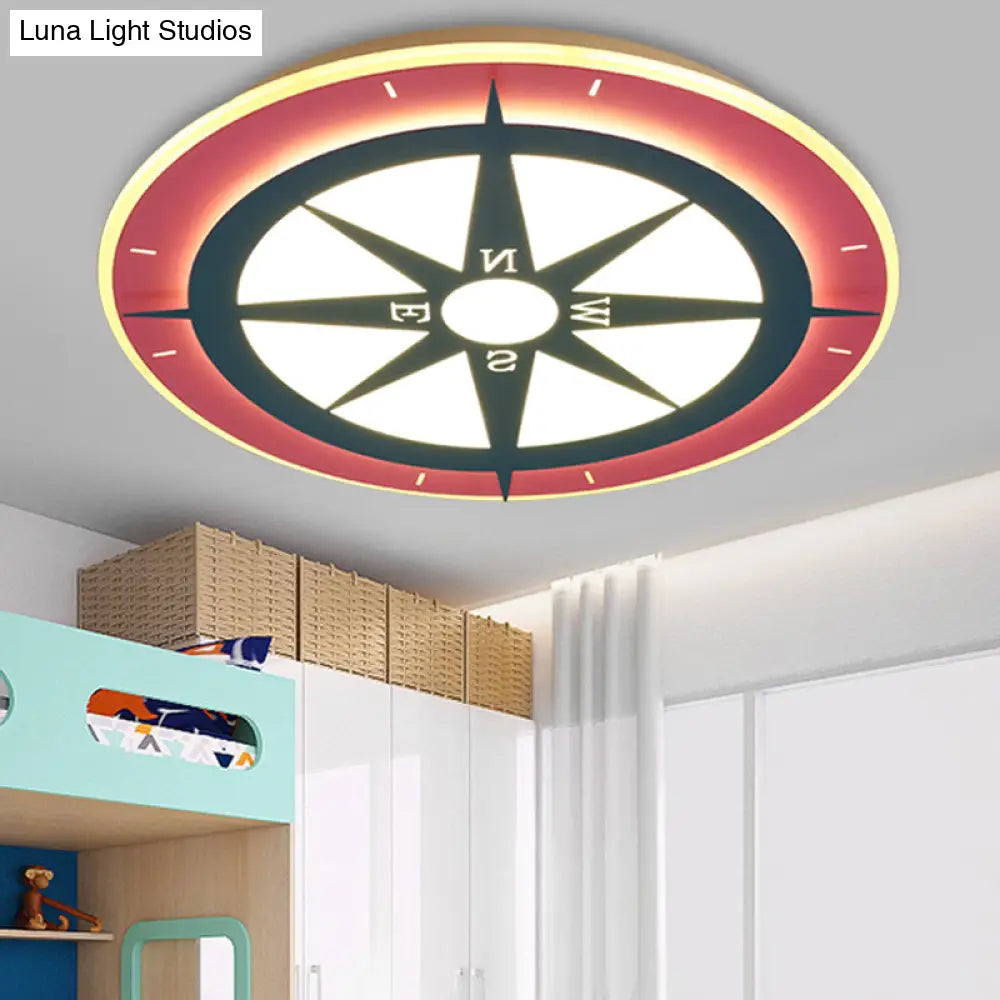 Kids Cartoon Compass Led Flush Mount Light: Red Acrylic Ceiling Lamp For Nurseries