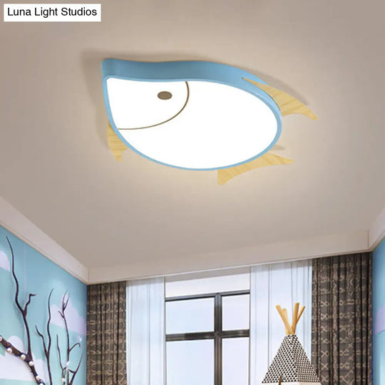 Kids Cartoon Fish Led Ceiling Lamp In White/Pink/Blue With Wood Accents