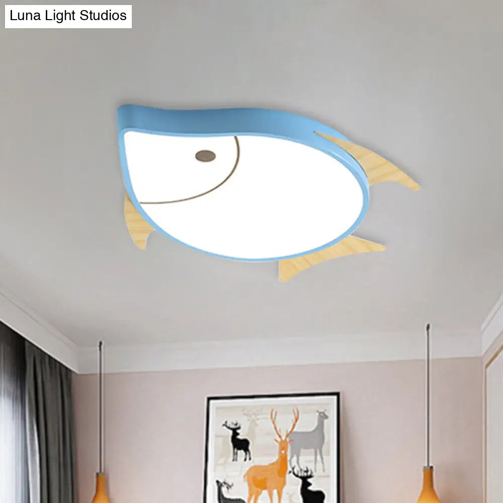 Kids Cartoon Fish Led Ceiling Lamp In White/Pink/Blue With Wood Accents