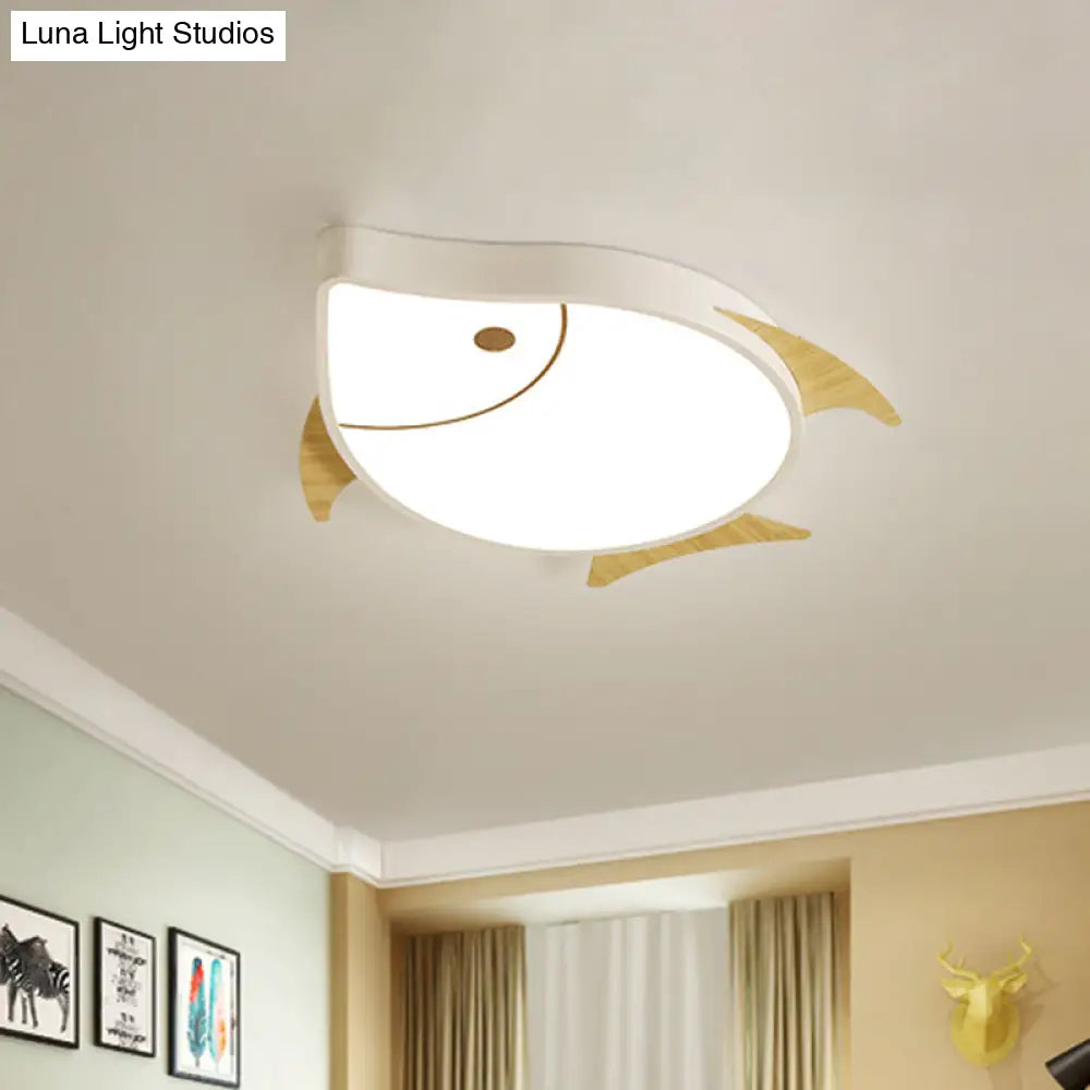 Kids’ Cartoon Fish Led Ceiling Lamp In White/Pink/Blue With Wood Accents