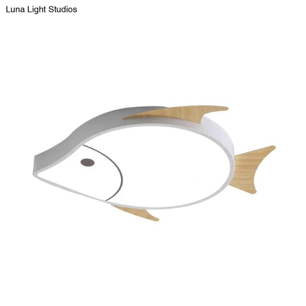 Kids’ Cartoon Fish Led Ceiling Lamp In White/Pink/Blue With Wood Accents