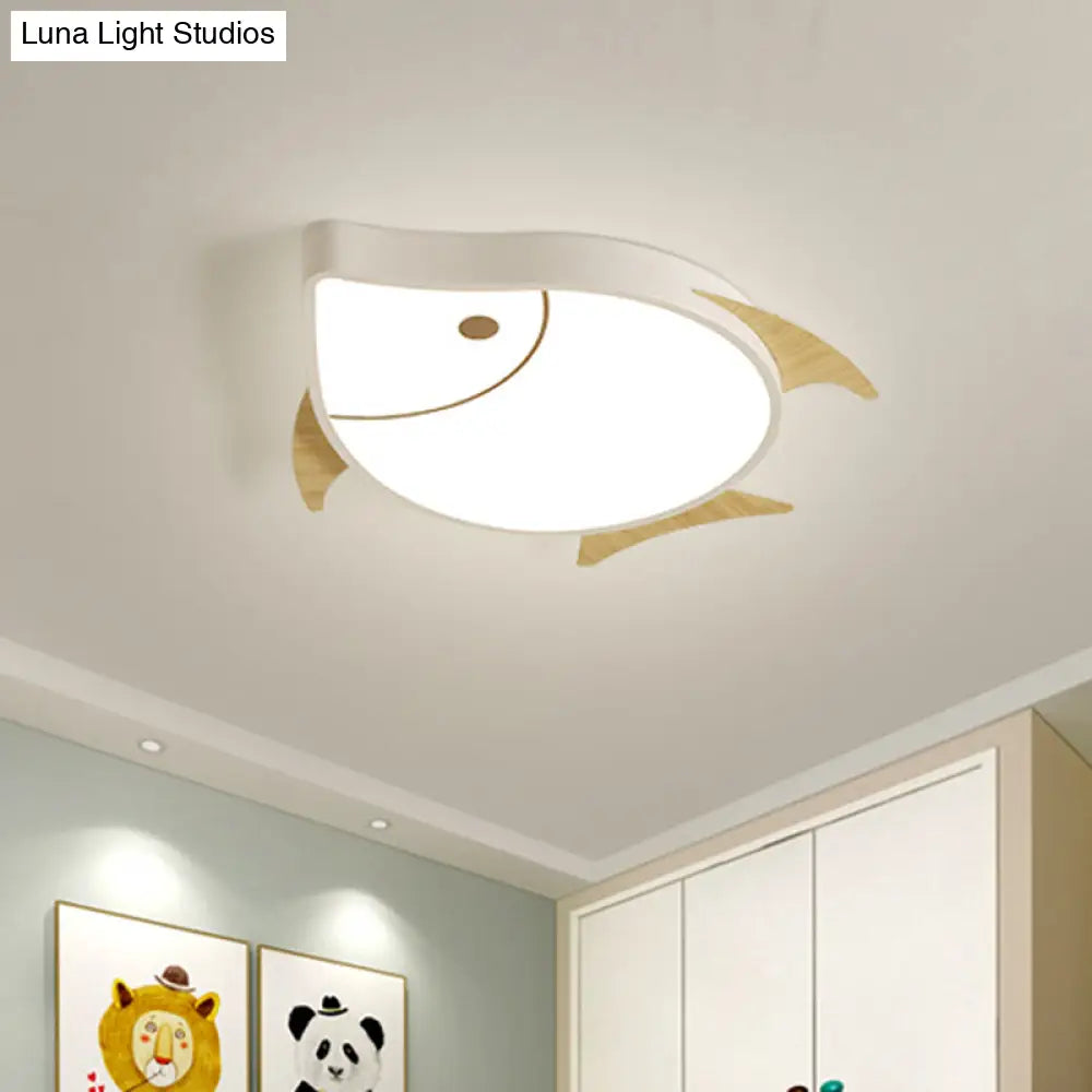 Kids’ Cartoon Fish Led Ceiling Lamp In White/Pink/Blue With Wood Accents