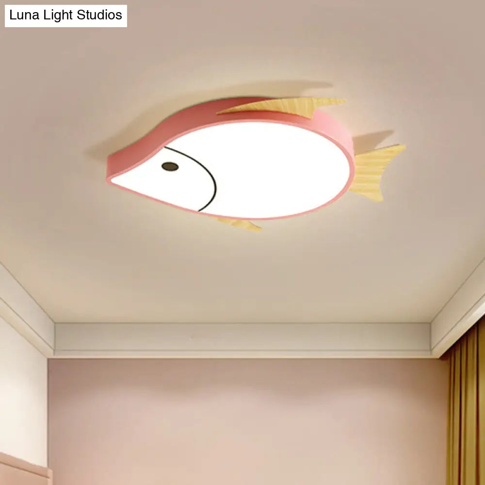 Kids Cartoon Fish Led Ceiling Lamp In White/Pink/Blue With Wood Accents Pink