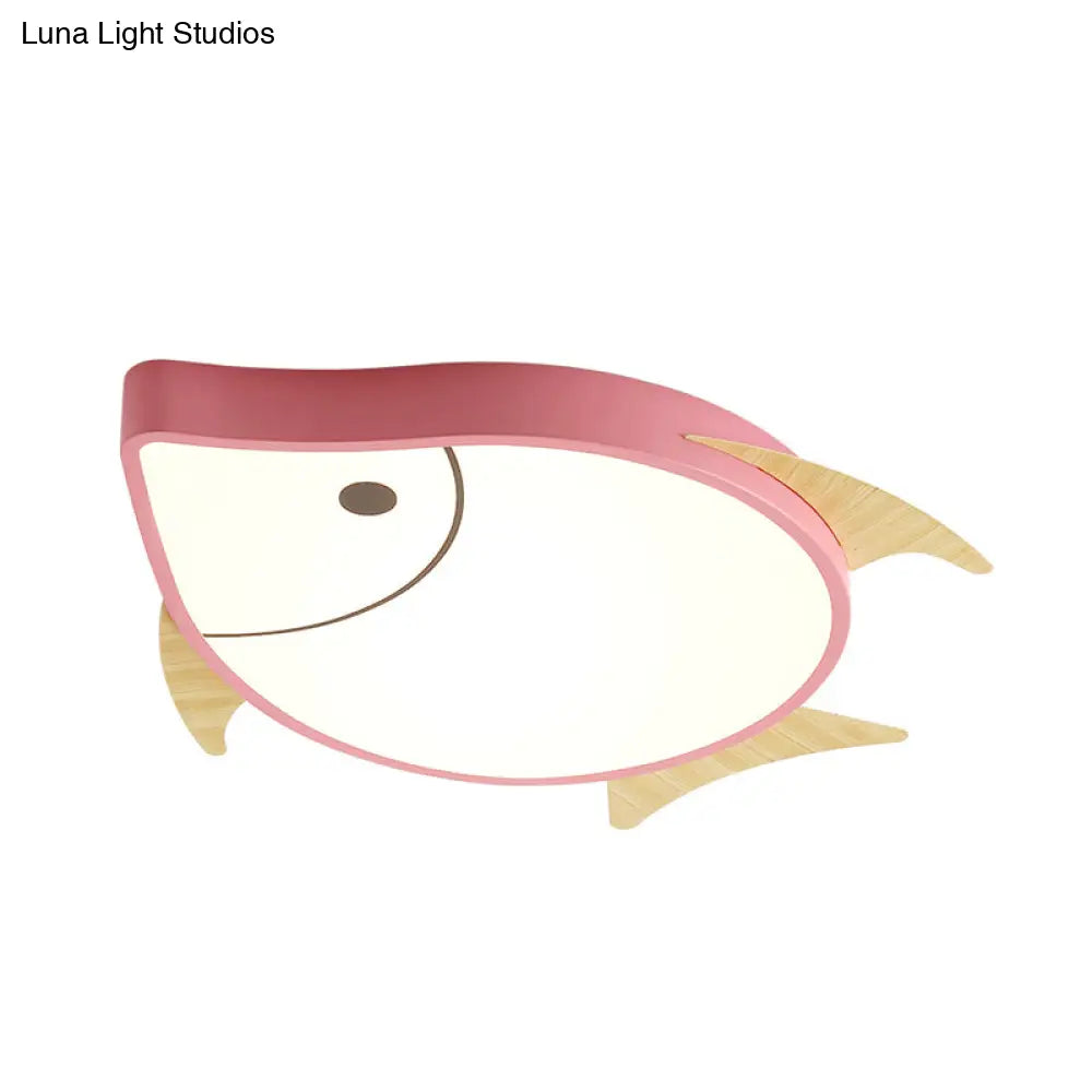 Kids’ Cartoon Fish Led Ceiling Lamp In White/Pink/Blue With Wood Accents