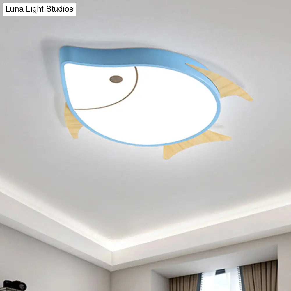 Kids Cartoon Fish Led Ceiling Lamp In White/Pink/Blue With Wood Accents Blue