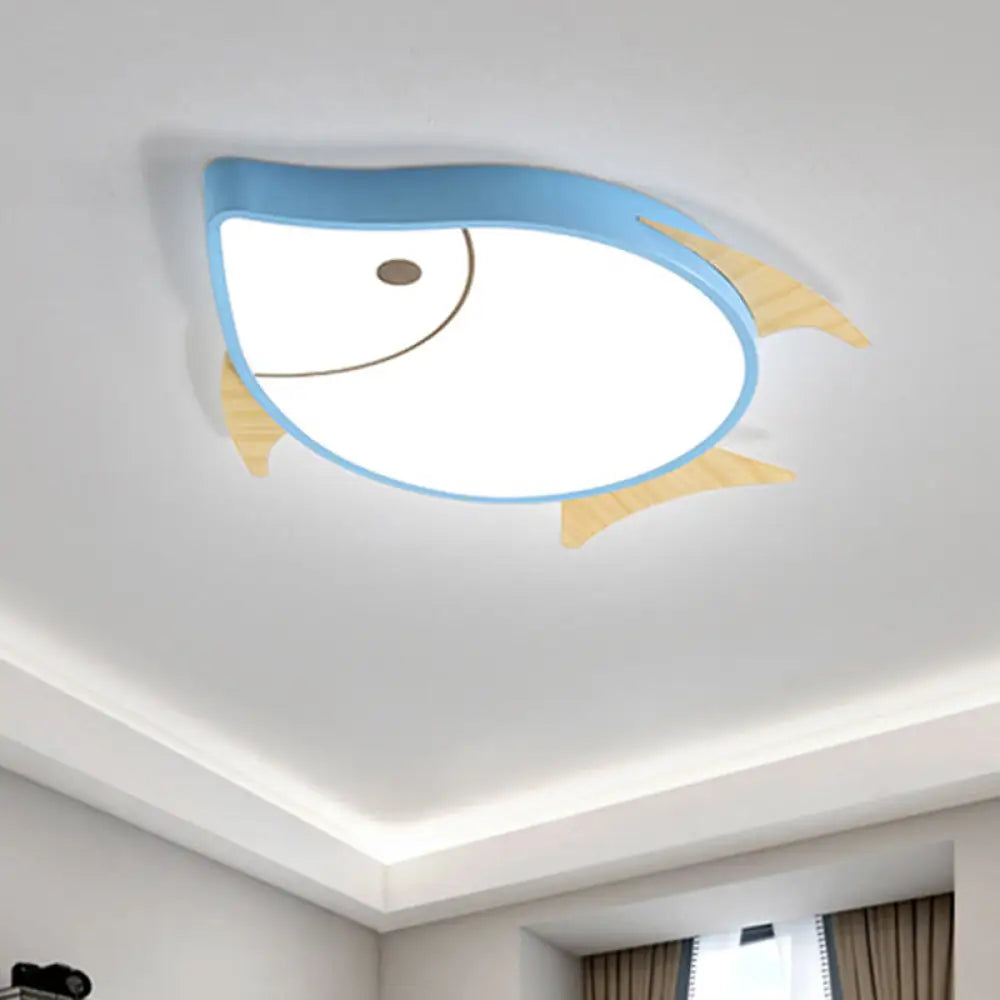 Kids’ Cartoon Fish Led Ceiling Lamp In White/Pink/Blue With Wood Accents Blue