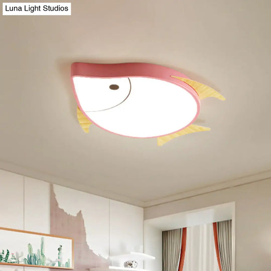 Kids Cartoon Fish Led Ceiling Lamp In White/Pink/Blue With Wood Accents