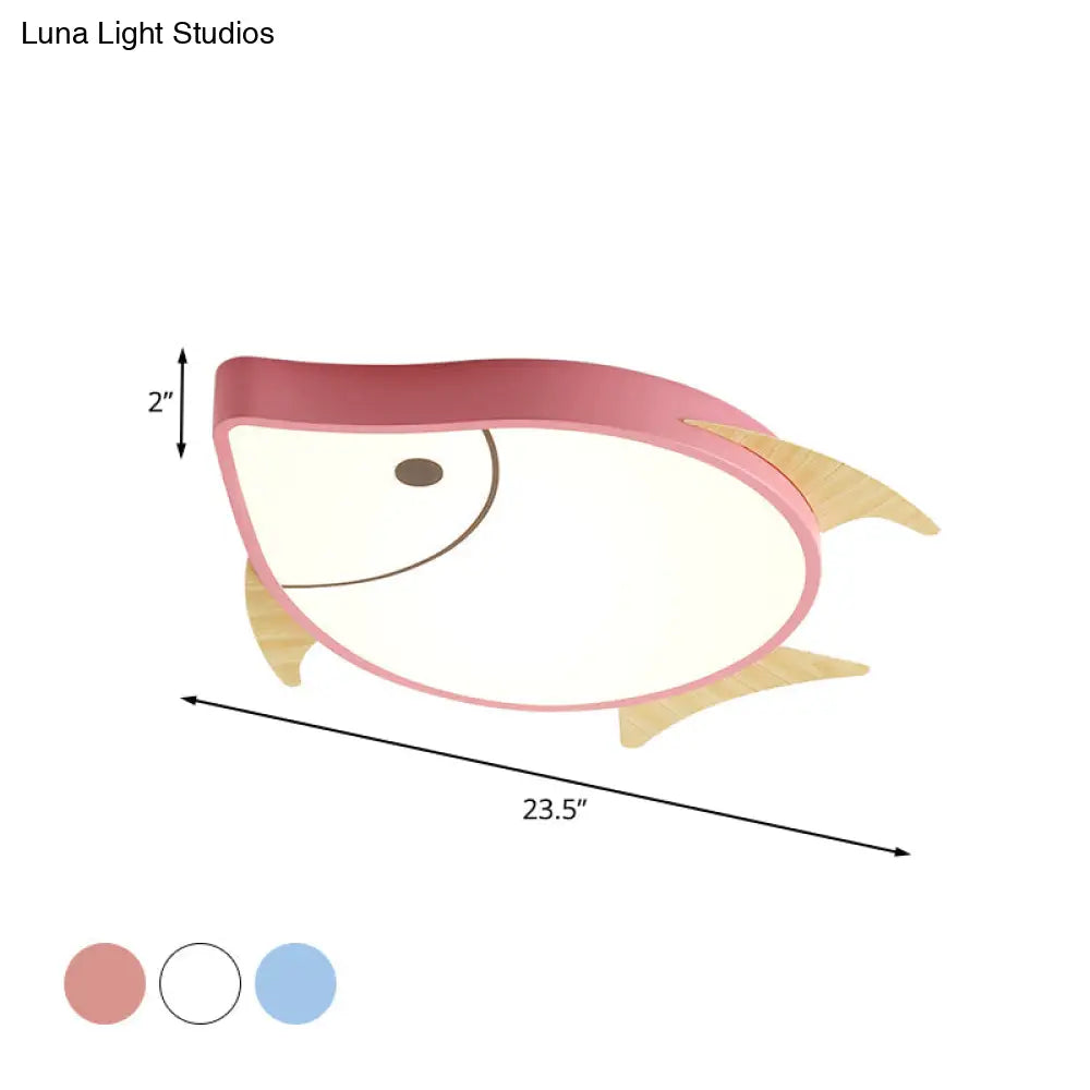 Kids’ Cartoon Fish Led Ceiling Lamp In White/Pink/Blue With Wood Accents