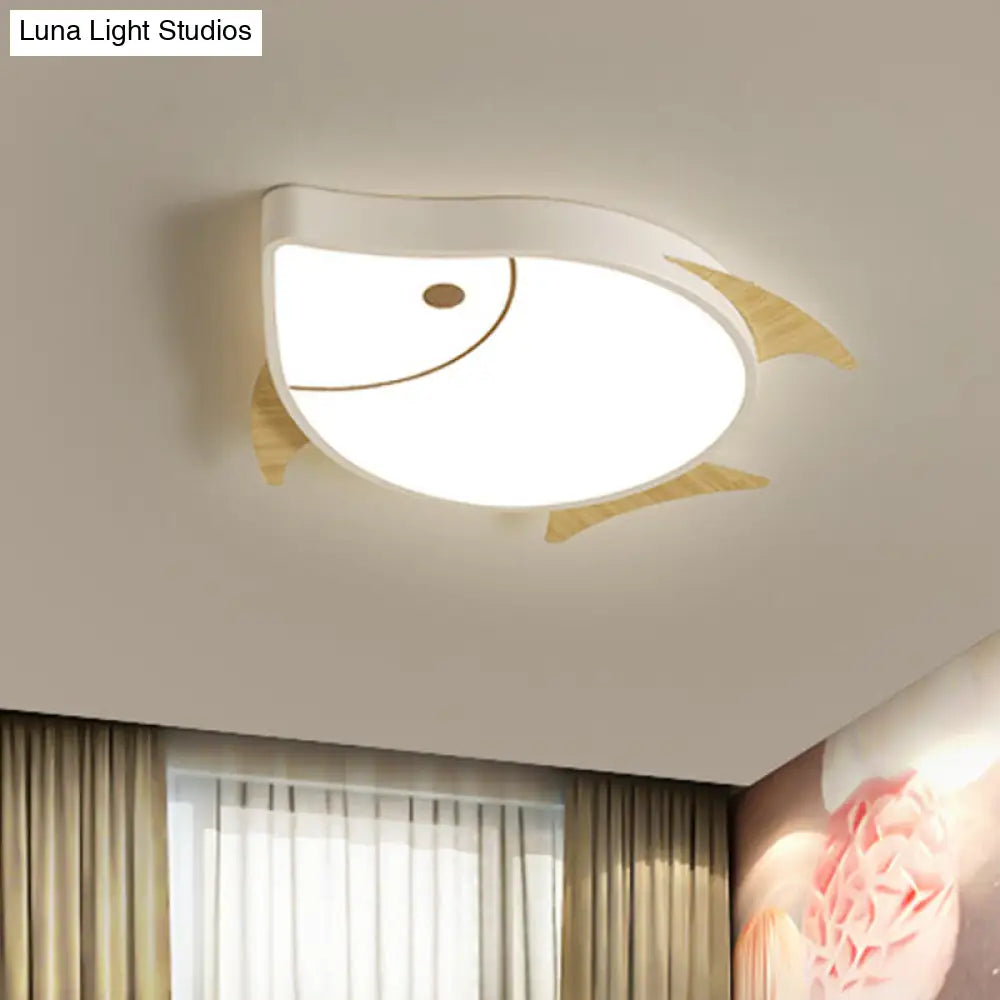 Kids Cartoon Fish Led Ceiling Lamp In White/Pink/Blue With Wood Accents White