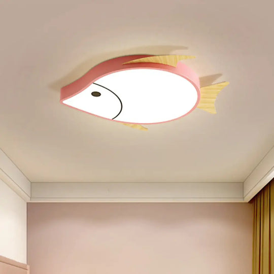 Kids’ Cartoon Fish Led Ceiling Lamp In White/Pink/Blue With Wood Accents Pink