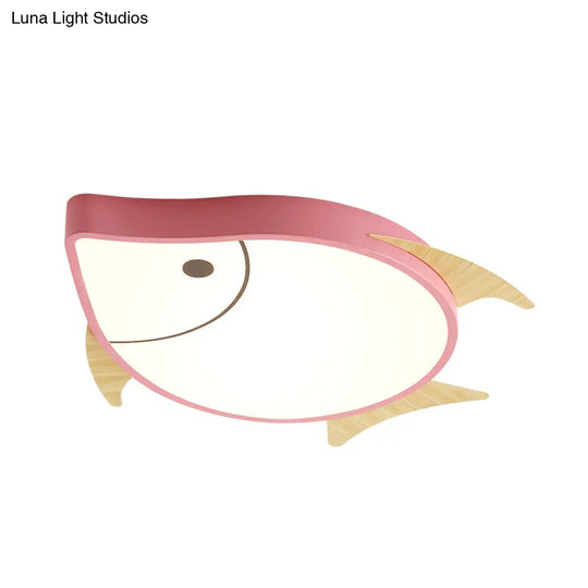 Kids Cartoon Fish Led Ceiling Lamp In White/Pink/Blue With Wood Accents