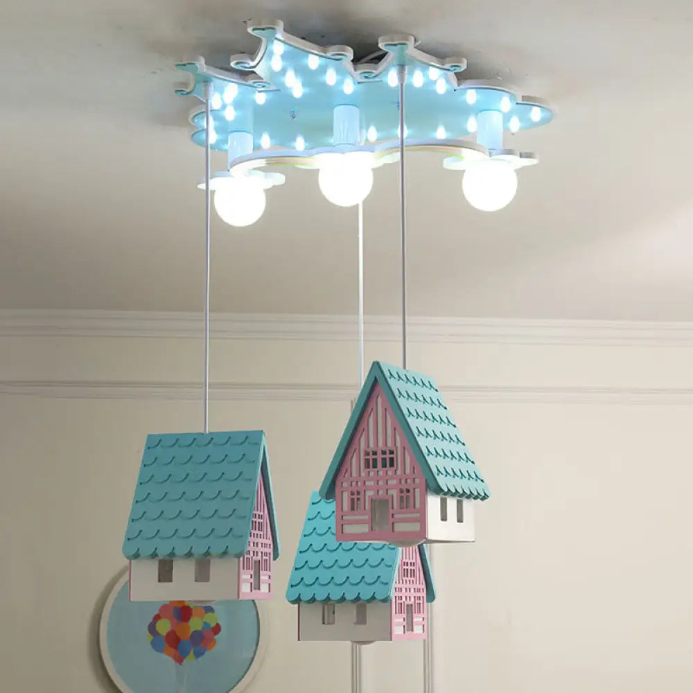 Kids’ Cartoon Flushmount Lighting: Blue Semi Flush Mount Wooden 3 - Bulb Fixture For Bedroom