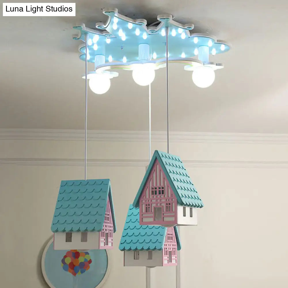 Kids Cartoon Flushmount Lighting: Blue Semi Flush Mount Wooden 3-Bulb Fixture For Bedroom