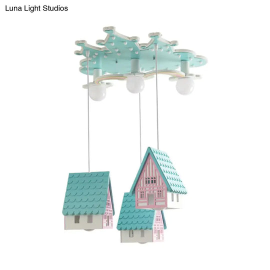 Kids’ Cartoon Flushmount Lighting: Blue Semi Flush Mount Wooden 3 - Bulb Fixture For Bedroom