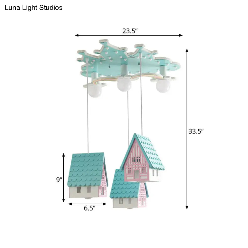 Kids Cartoon Flushmount Lighting: Blue Semi Flush Mount Wooden 3-Bulb Fixture For Bedroom
