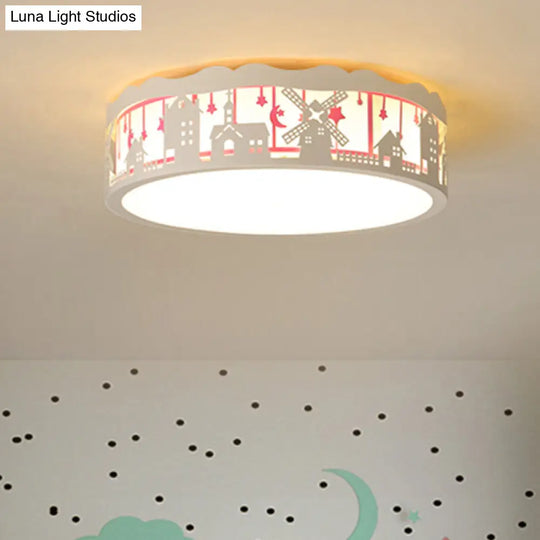 Kids Cartoon House Drum Flushmount Led Ceiling Light In Warm/White - Playroom Lamp Pink / White