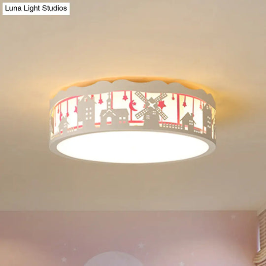 Kids Cartoon House Drum Flushmount Led Ceiling Light In Warm/White - Playroom Lamp