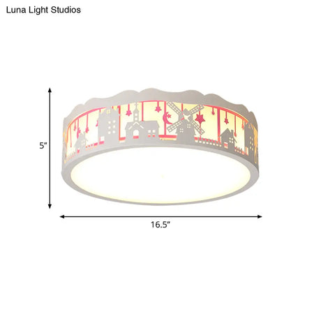 Kids Cartoon House Drum Flushmount Led Ceiling Light In Warm/White - Playroom Lamp