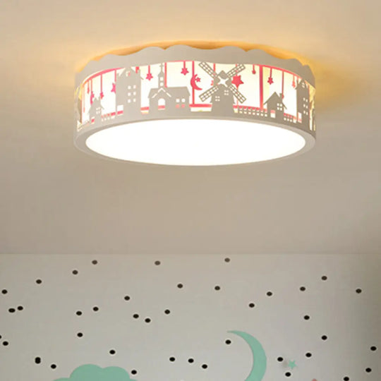 Kids Cartoon House Drum Flushmount Led Ceiling Light In Warm/White - Playroom Lamp Pink / White