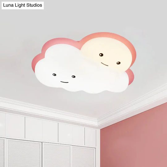 Kids Cartoon Led Cloud Ceiling Light - Pink/Blue Flush Mount Fixture For Bedroom