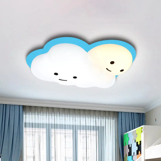 Kids Cartoon Led Cloud Ceiling Light - Pink/Blue Flush Mount Fixture For Bedroom Blue