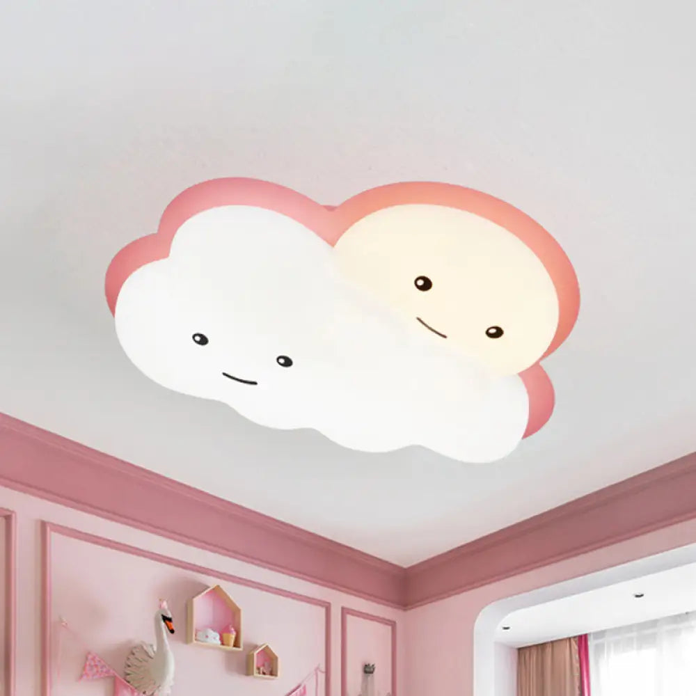 Kids Cartoon Led Cloud Ceiling Light - Pink/Blue Flush Mount Fixture For Bedroom Pink