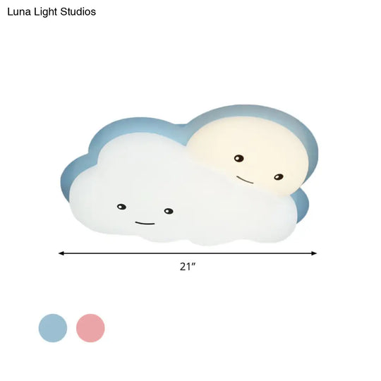 Kids Cartoon Led Cloud Ceiling Light - Pink/Blue Flush Mount Fixture For Bedroom