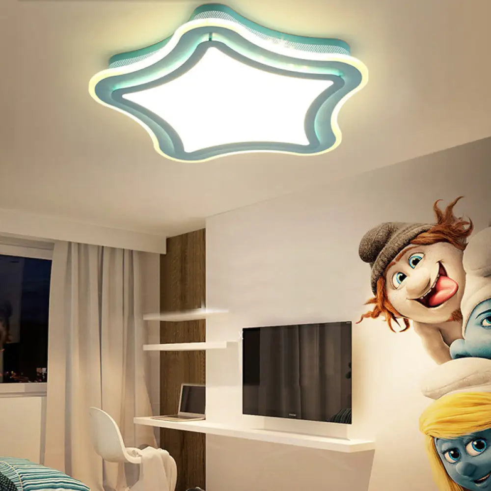 Kids Cartoon Led Flush Ceiling Light: Blue & White Acrylic Metal Lamp For Child Bedroom