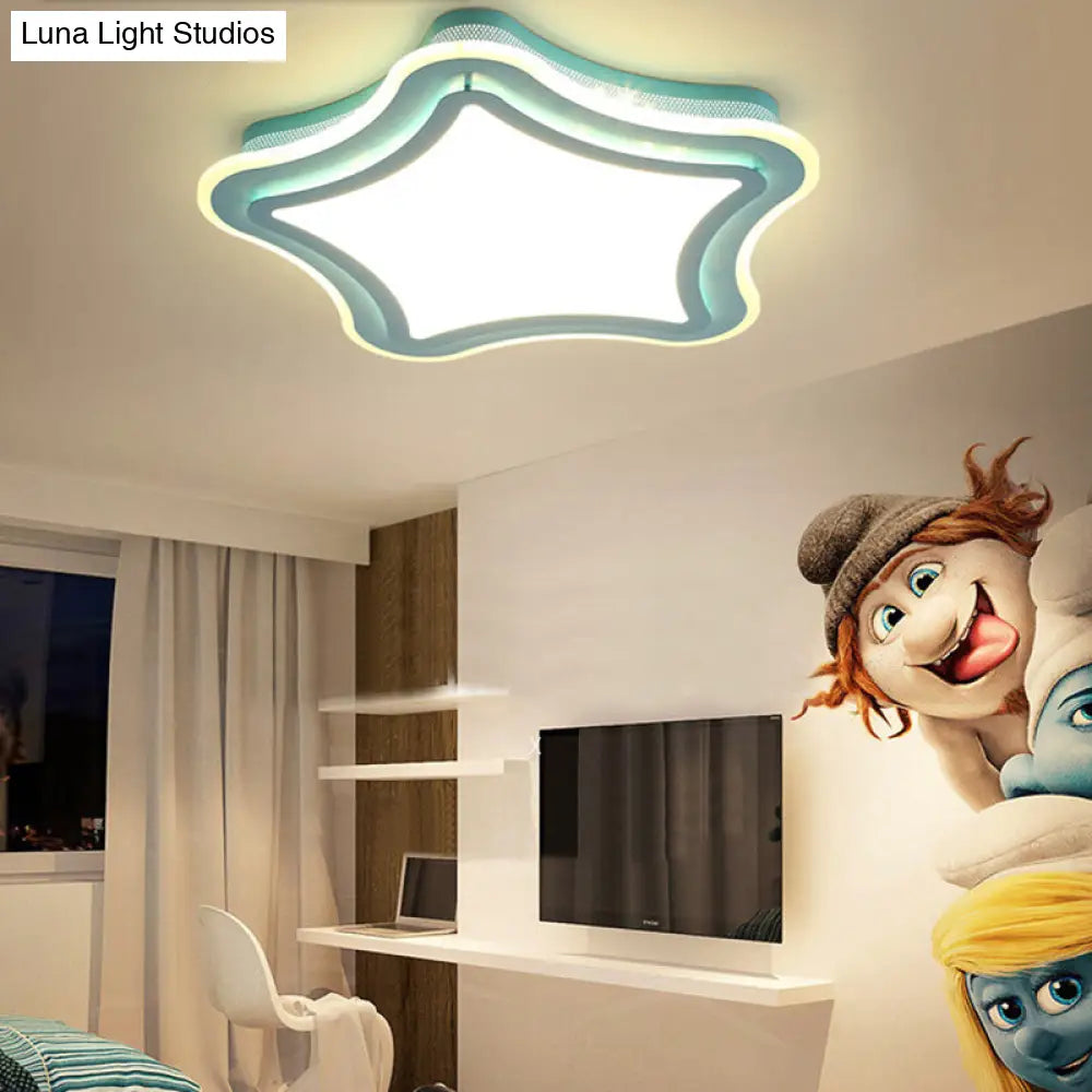 Kids Cartoon Led Flush Ceiling Light: Blue & White Acrylic Metal Lamp For Child Bedroom