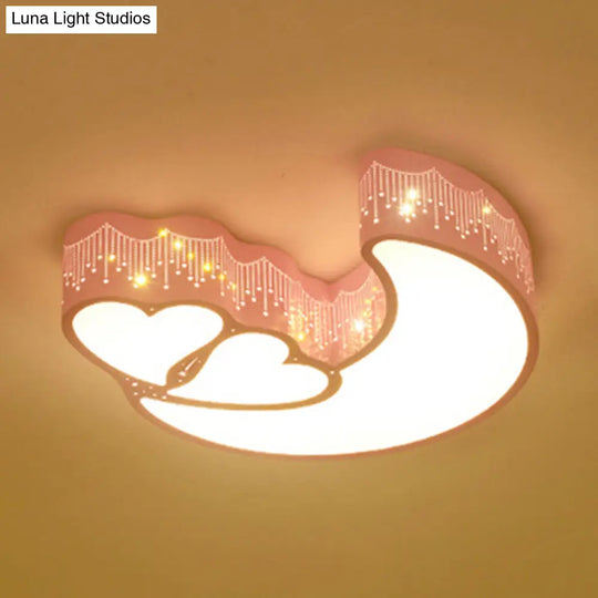 Kids Cartoon Moon Heart Led Ceiling Light - Metal Acrylic Mount For Bedroom