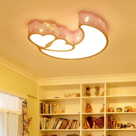Kids Cartoon Moon Heart Led Ceiling Light - Metal Acrylic Mount For Bedroom Pink / White