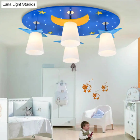 Kids Cartoon Night View Ceiling Mount Light With Blue Wood Shade - 4 Head Lamp For Baby Room