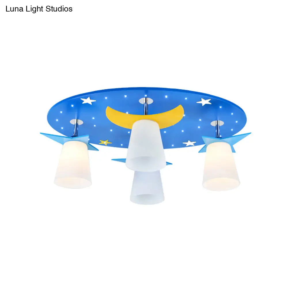 Kids Cartoon Night View Ceiling Mount Light With Blue Wood Shade - 4 Head Lamp For Baby Room