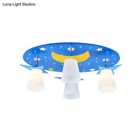 Kids Cartoon Night View Ceiling Mount Light With Blue Wood Shade - 4 Head Lamp For Baby Room