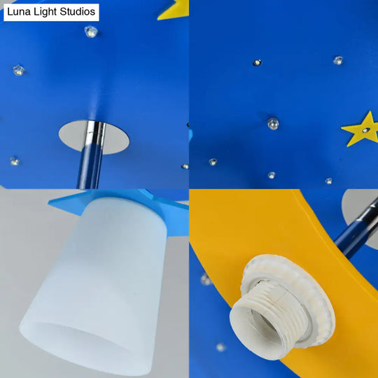 Kids Cartoon Night View Ceiling Mount Light With Blue Wood Shade - 4 Head Lamp For Baby Room