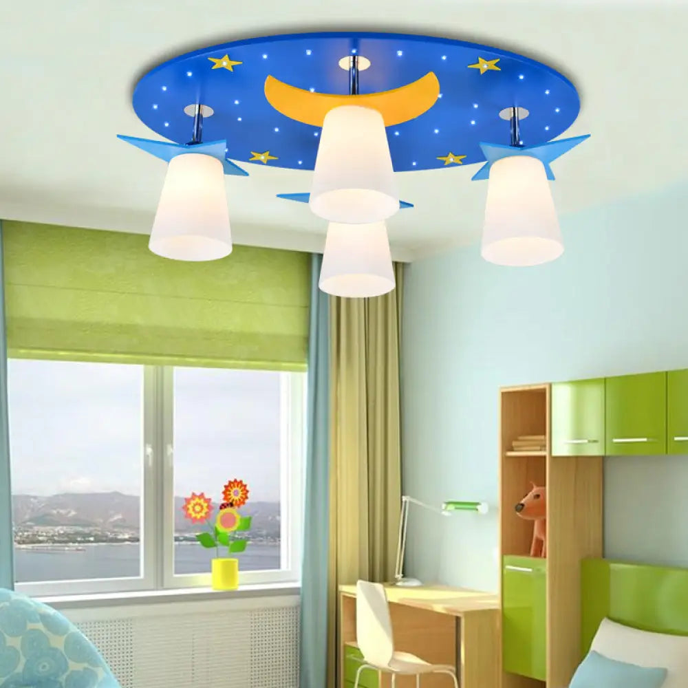 Kids Cartoon Night View Ceiling Mount Light With Blue Wood Shade - 4 Head Lamp For Baby Room