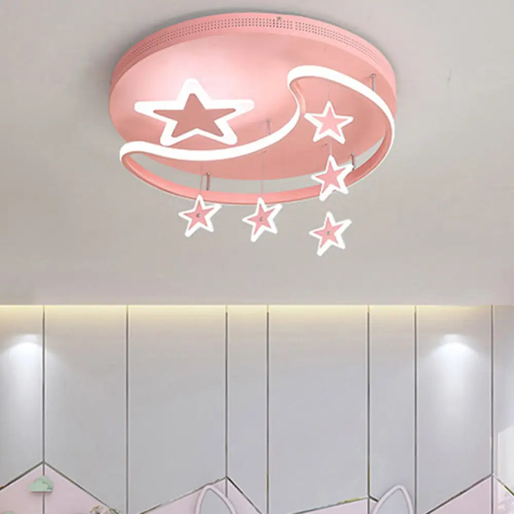 Kids Cartoon Pink Flush Mount Light With Star And Moon Metal Acrylic Led Ceiling Lamp