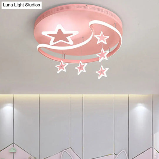 Kids Cartoon Pink Flush Mount Light With Star And Moon Metal Acrylic Led Ceiling Lamp
